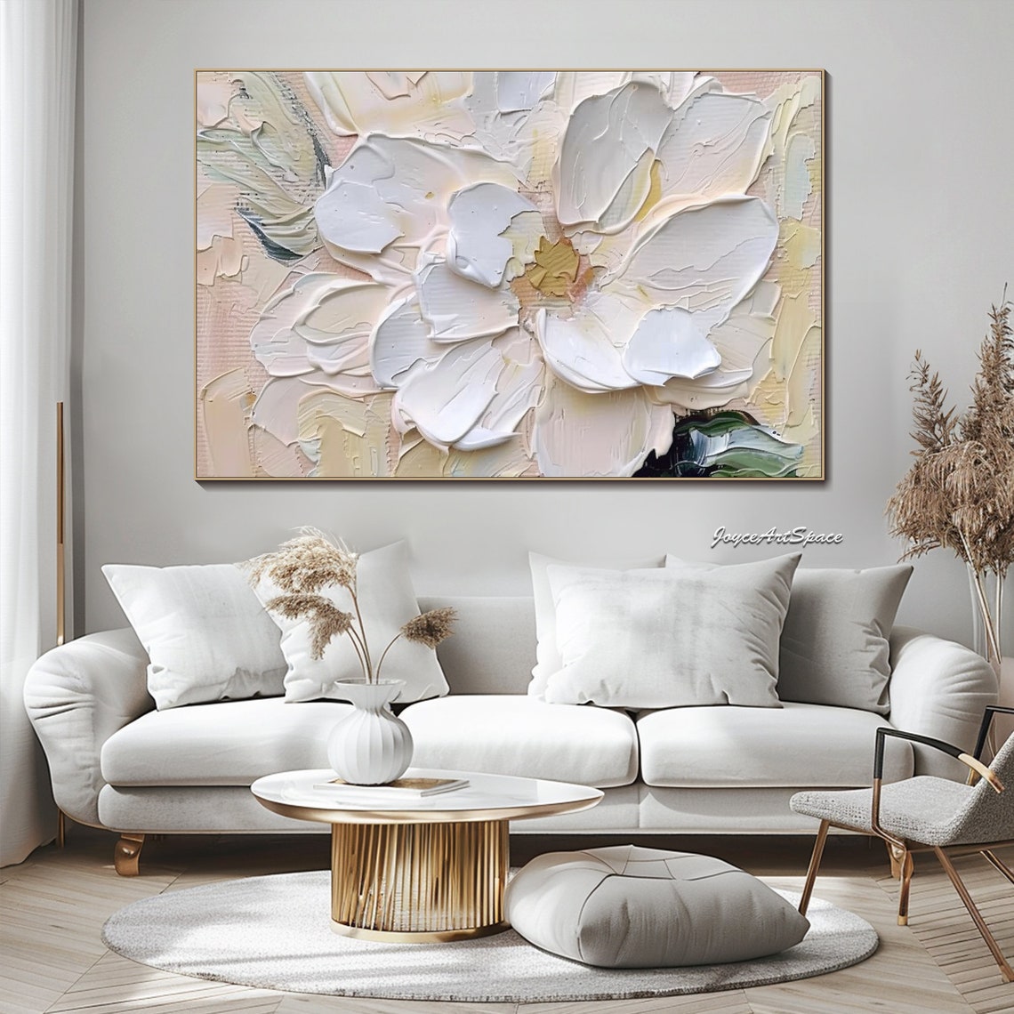White Flower Close Up Soft Cream Pink 3D Impasto Floral Wall Art - Image 2