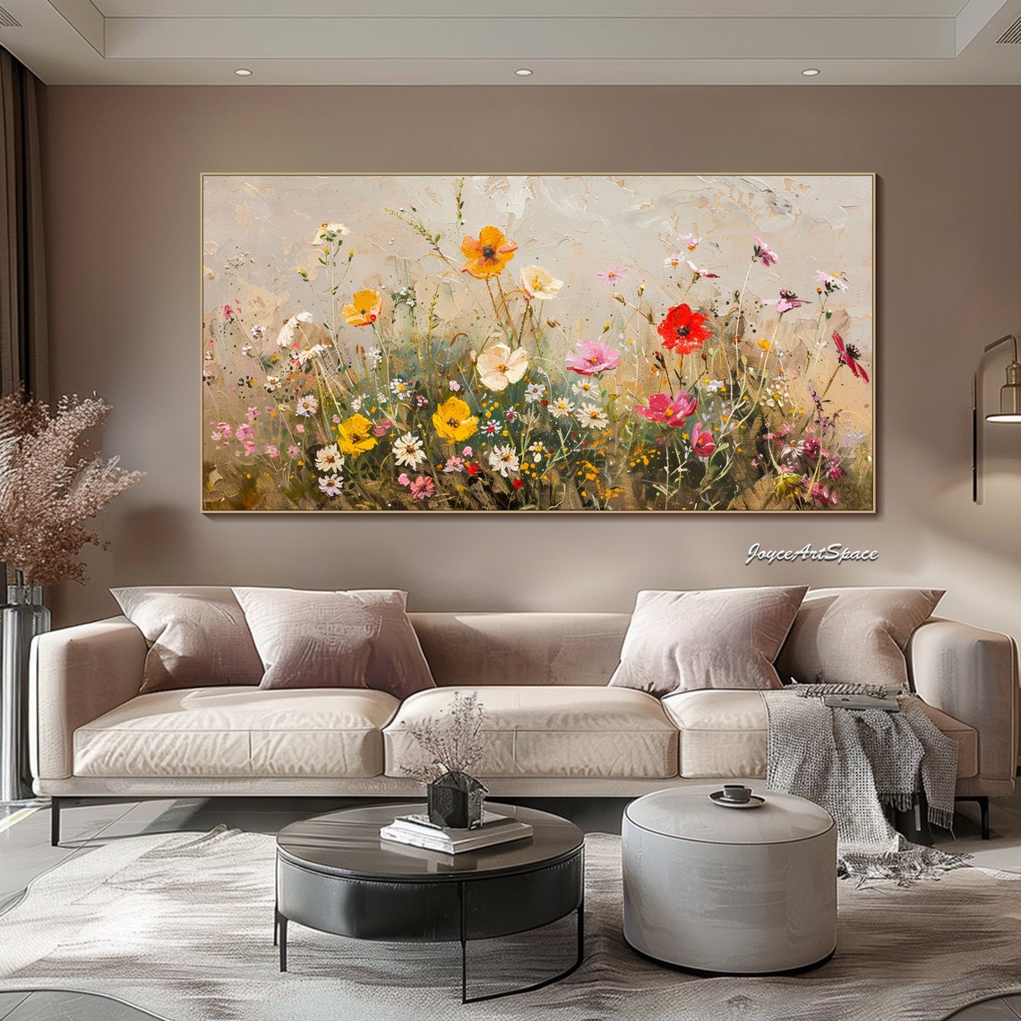 Colorful Wildflower Meadow Beige Textured 3D Floral Oil Poster - Image 3