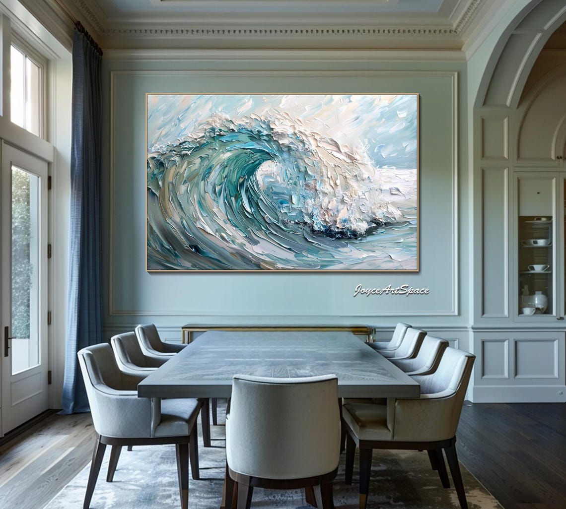 Teal Ocean Wave Curl Impasto Texture Oil Painting Coastal Wall Art - Image 3