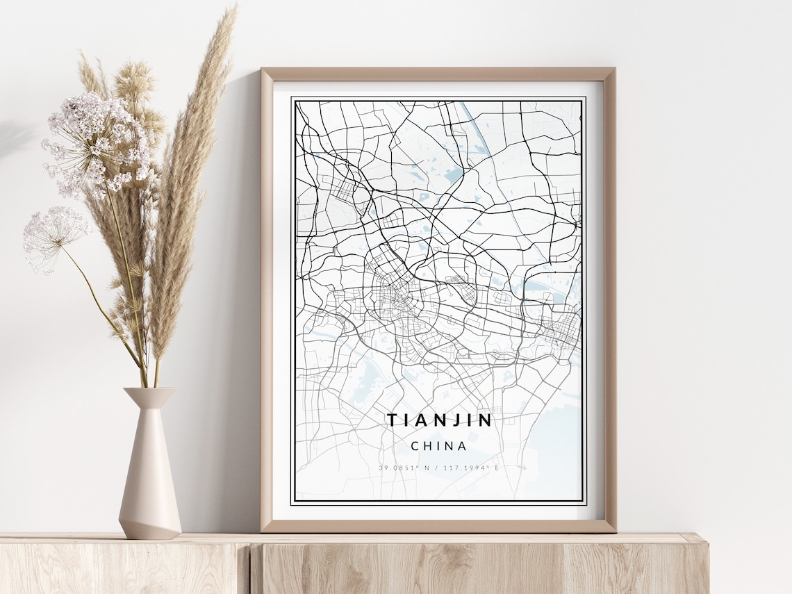 Tianjin China Minimalist Black White City Street Map Art Print