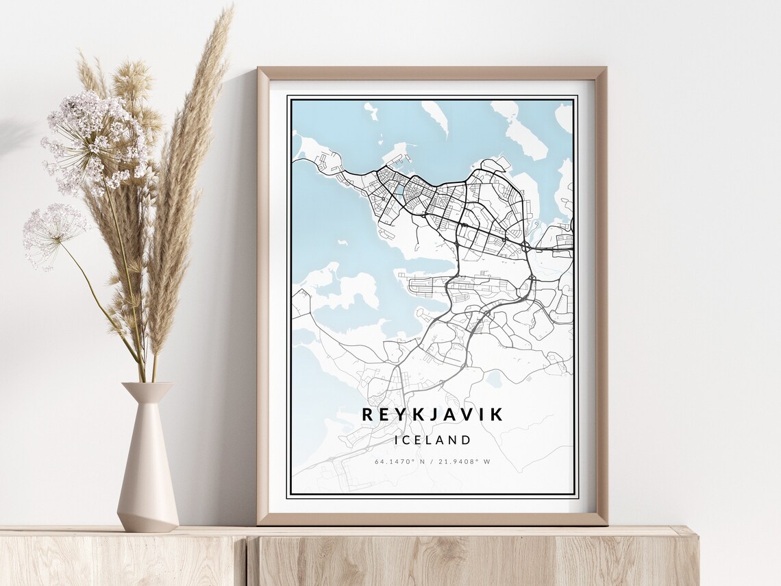 Reykjavik Iceland City Street Map Line Art Blue and White Poster