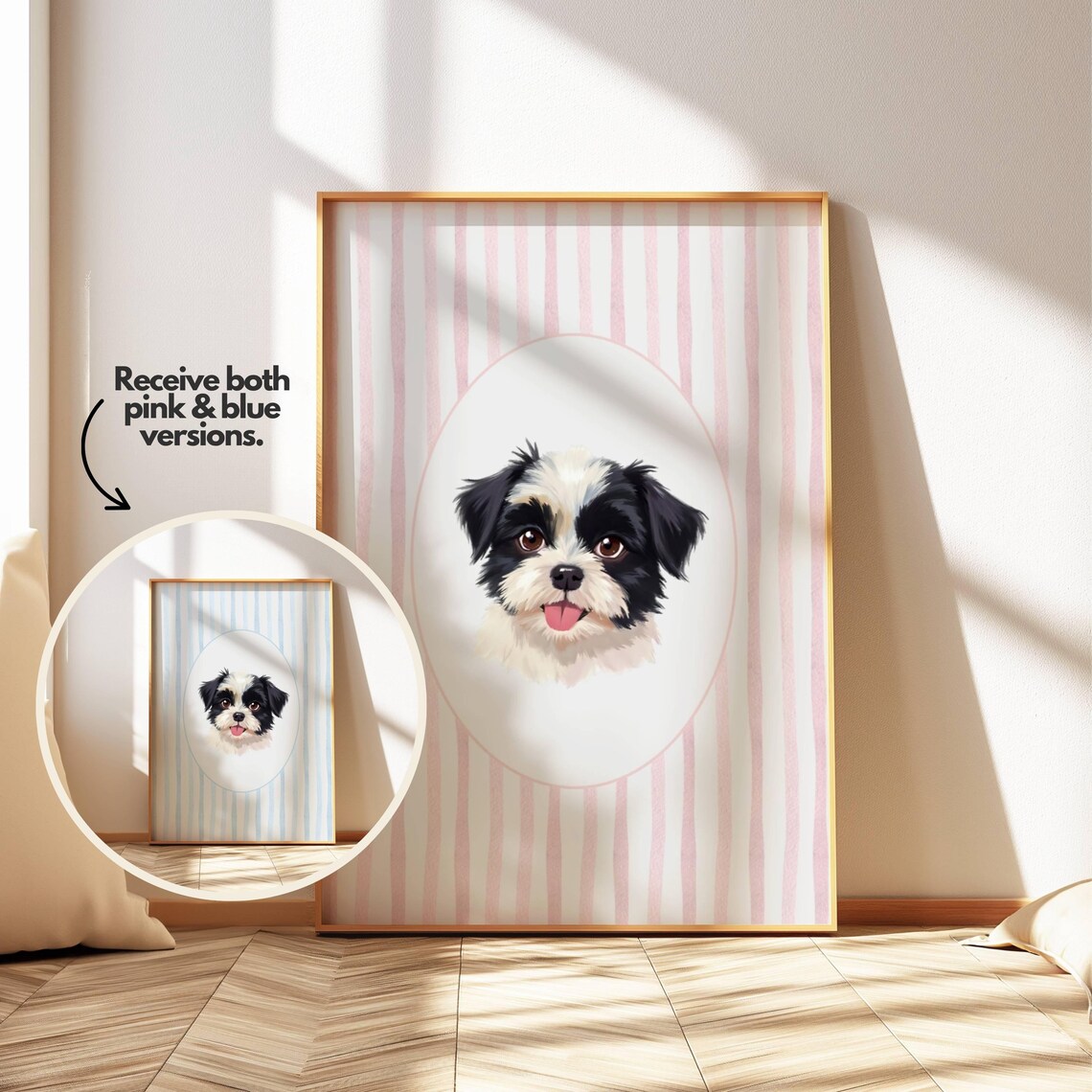 Shih Tzu Puppy Watercolor Portrait Pink and Blue Striped Nursery Wall Art