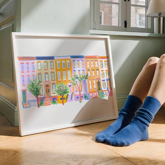 Watercolor New York City Art Print Pastel Colorful Nyc Row Houses Digital Download