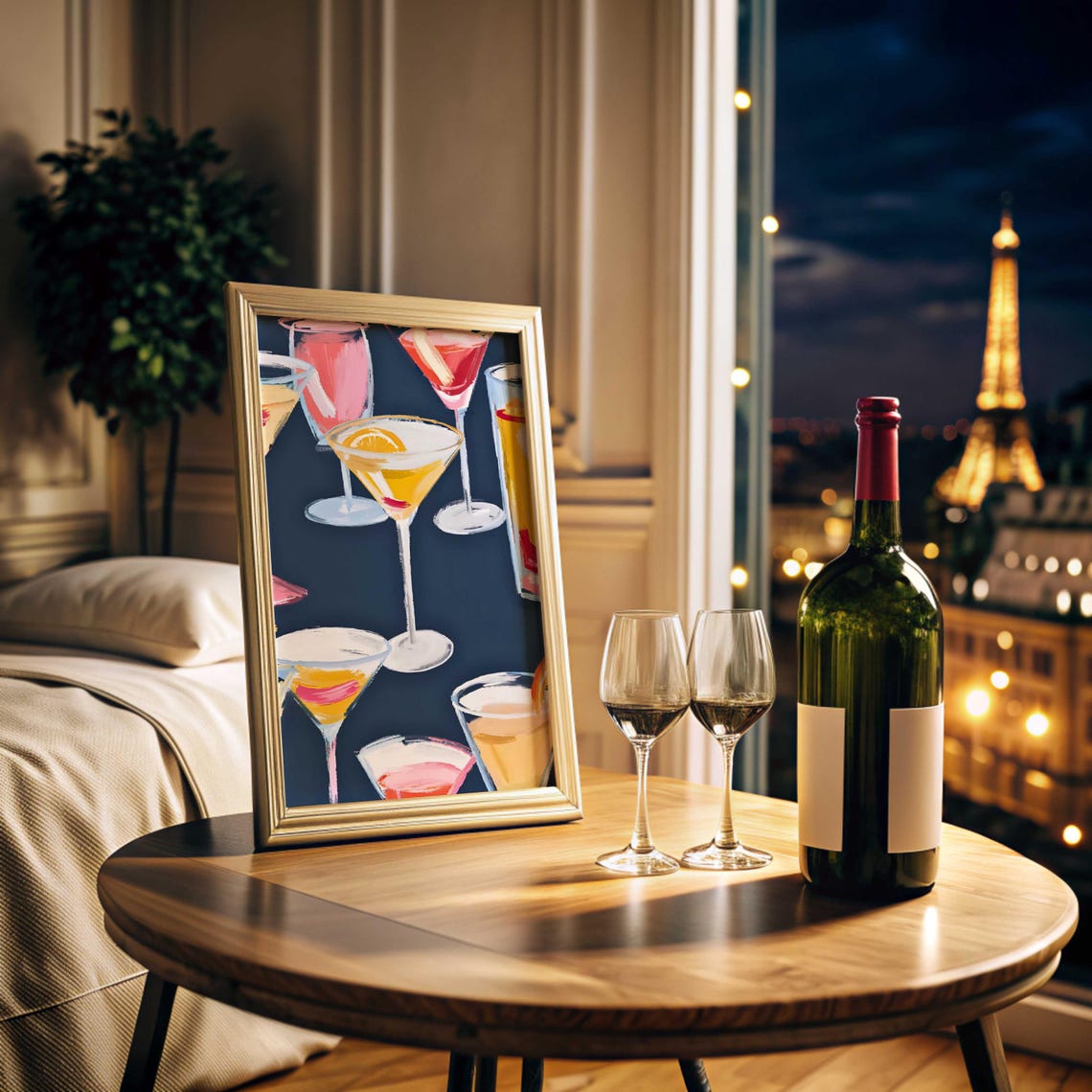Colorful Martini Cocktail Glasses Navy Night Bar Cart Art Poster
