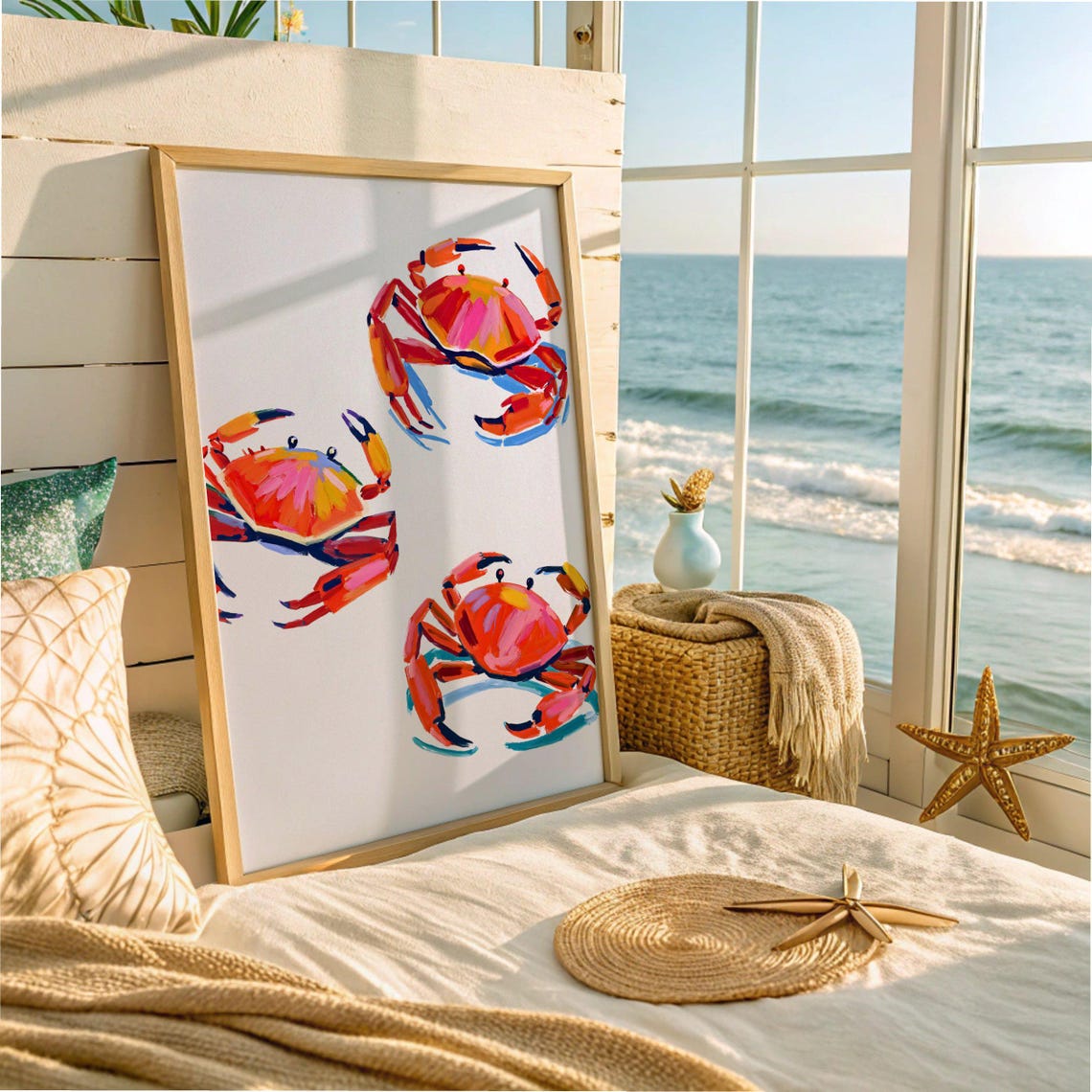 Watercolor Crab Trio Coastal Beach House Red Crab Ocean Decor Poster