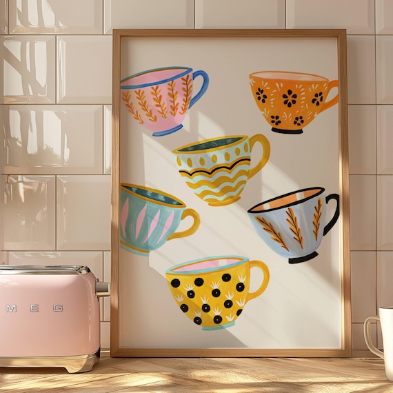 Colorful Hand Painted Teacups Cheerful Cozy Kitchen Wall Poster