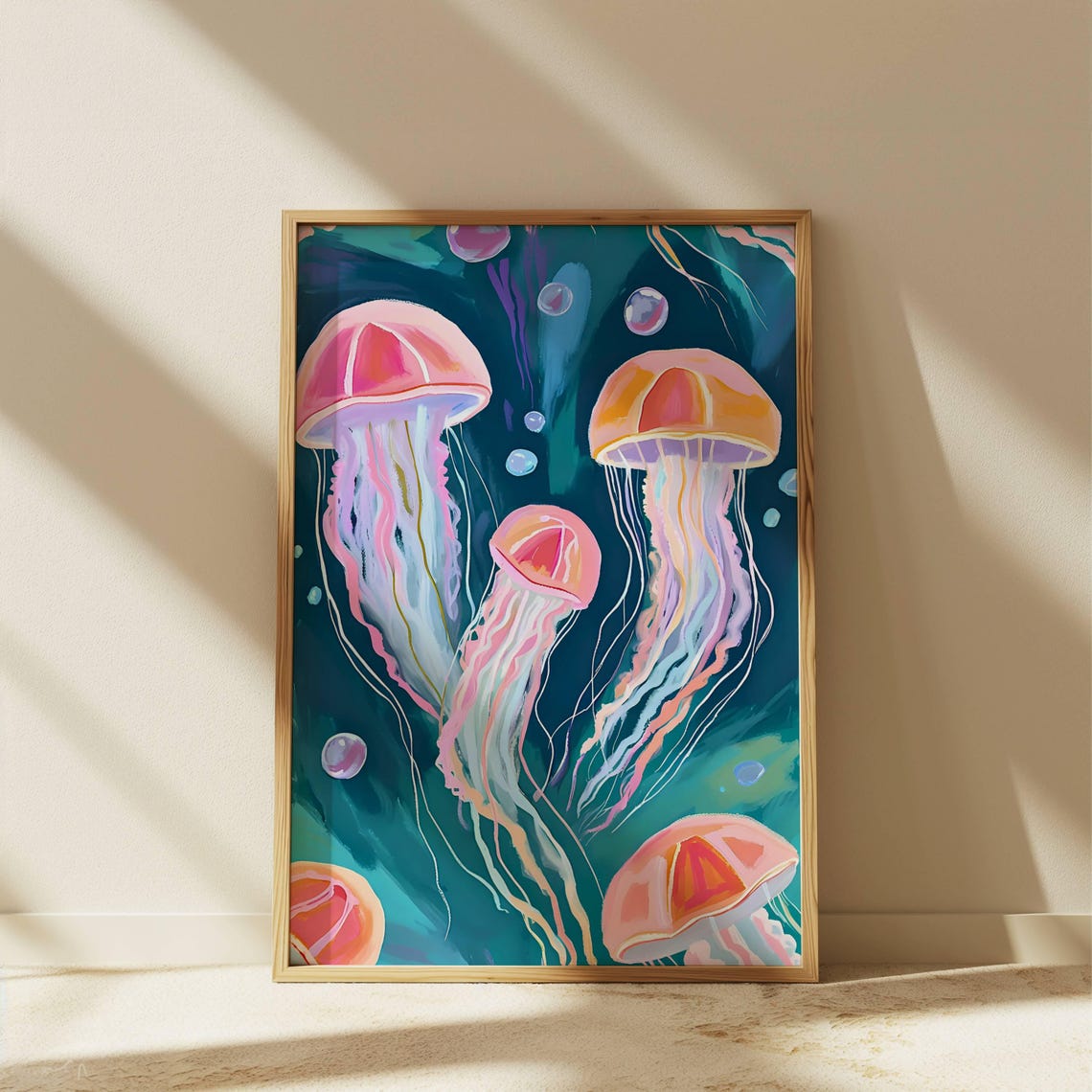 Colorful Pink Jellyfish Drift Abstract Ocean Sea Life Wall Art