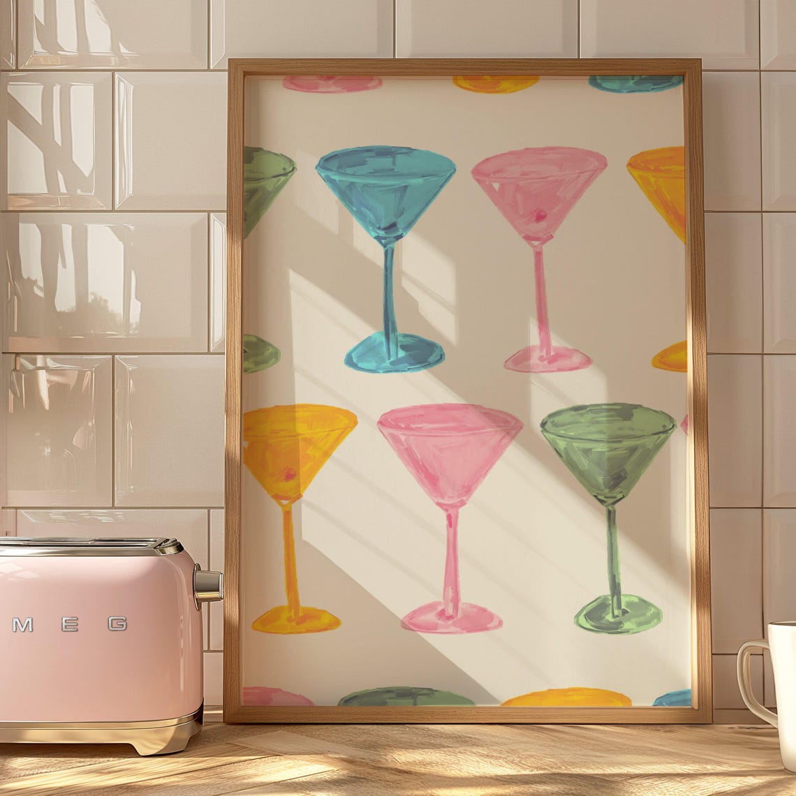 Colorful Martini and Cocktail Glasses Watercolor Trendy Kitchen Bar Print