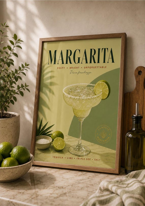 Margarita Cocktail Poster, Vintage Drink Bar Decor
