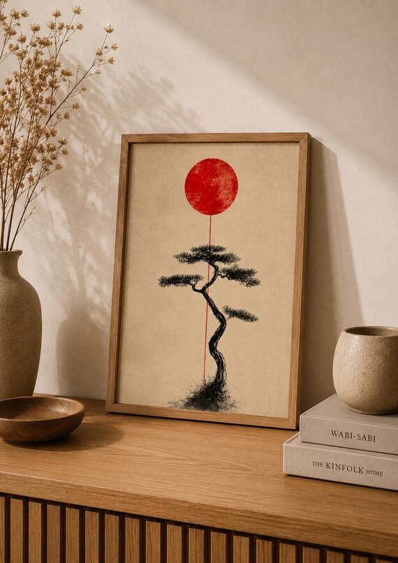 Japanese Bonsai Wall Art Print Zen Tree Poster Red Sun Artwork Japandi Decor Minimalist Asian