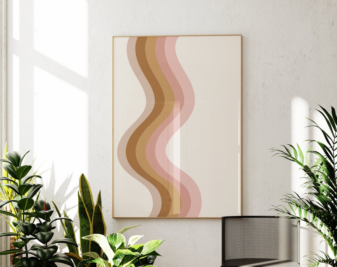 Retro Wavy Stripes Pink Brown Neutral Abstract Minimal Art Poster
