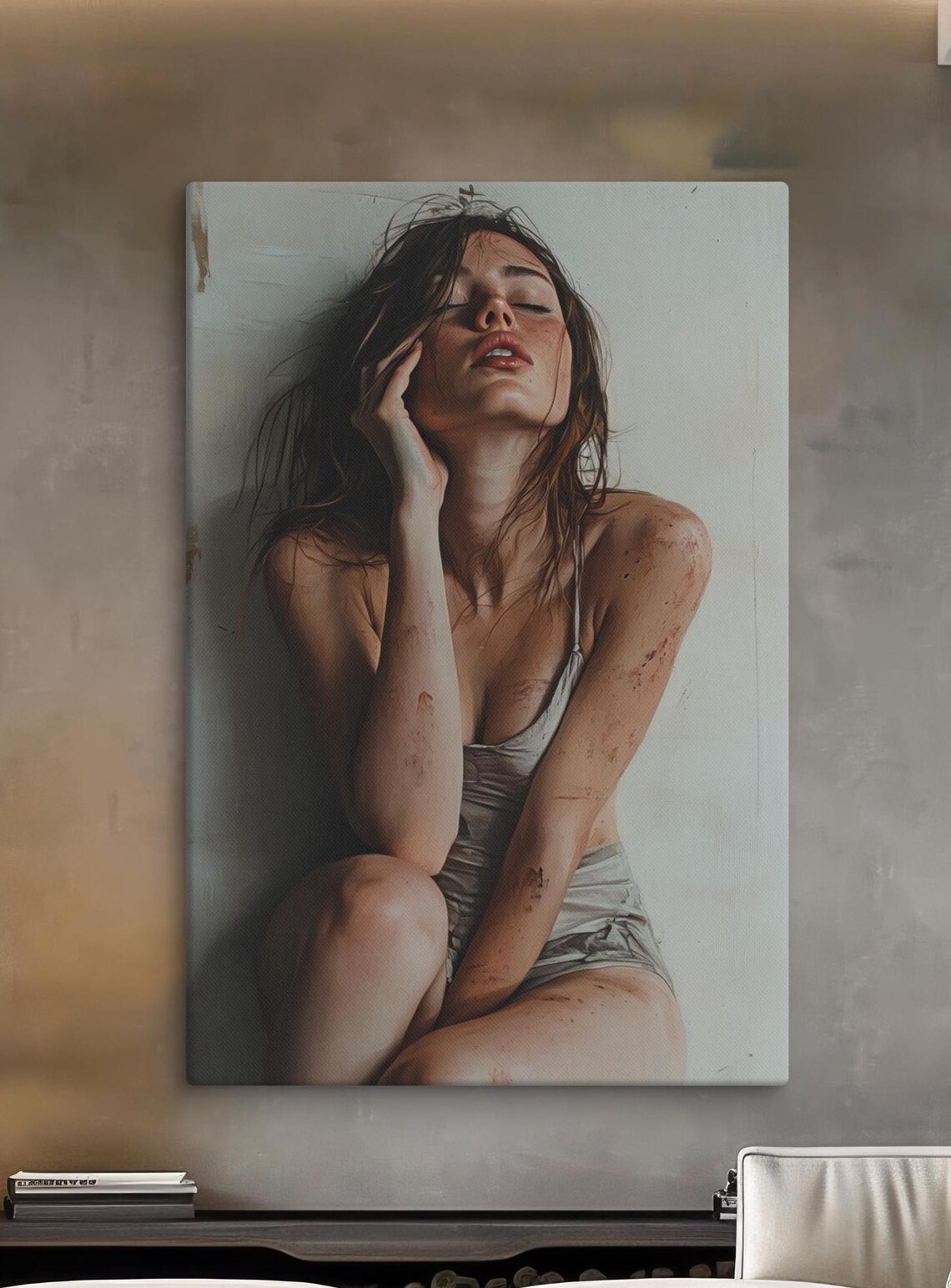 Raw Emotion Woman Portrait Tousled Hair Soft Light Figurative Art Poster
