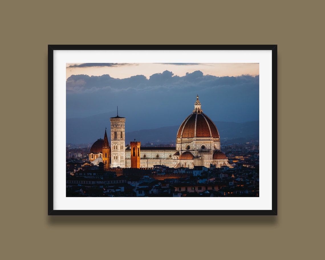 Florence Duomo Blue Hour Illuminated Dome Italy Night Poster