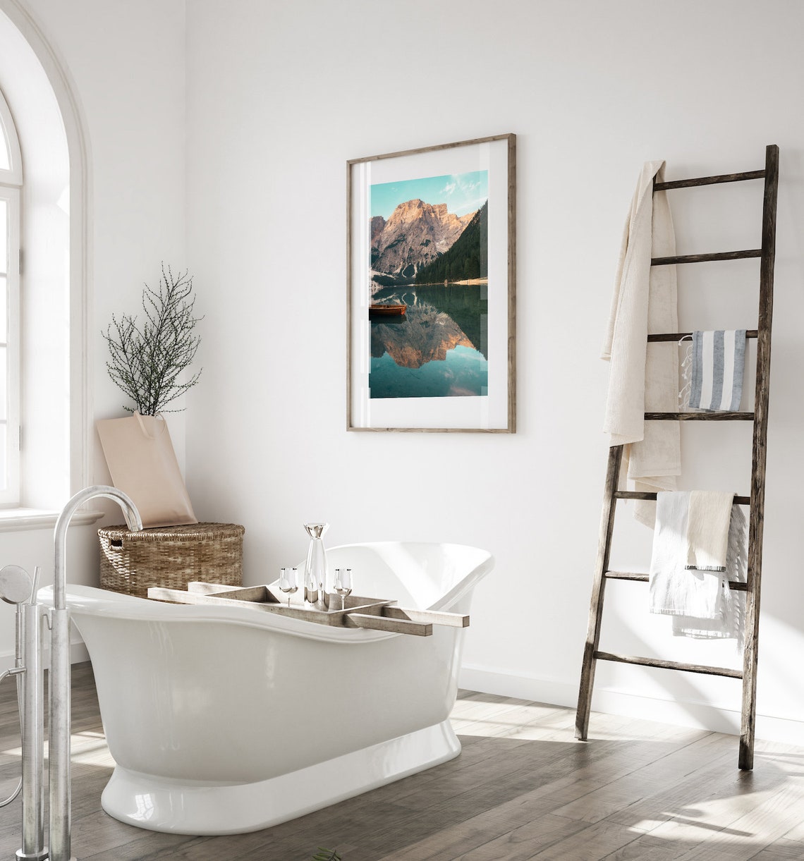 Lago Di Braies Mirror Reflection Lone Rowboat Dolomite Peak Poster - Image 2