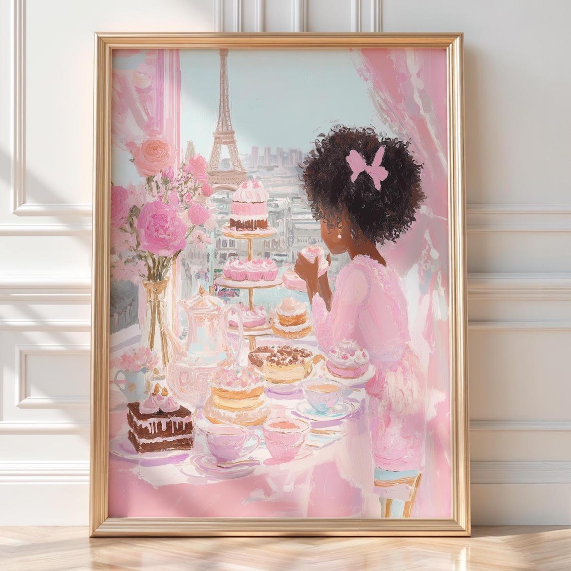 Black Girl Tea Party in Paris Poster Eiffel Tower Coquette Pink Decor
