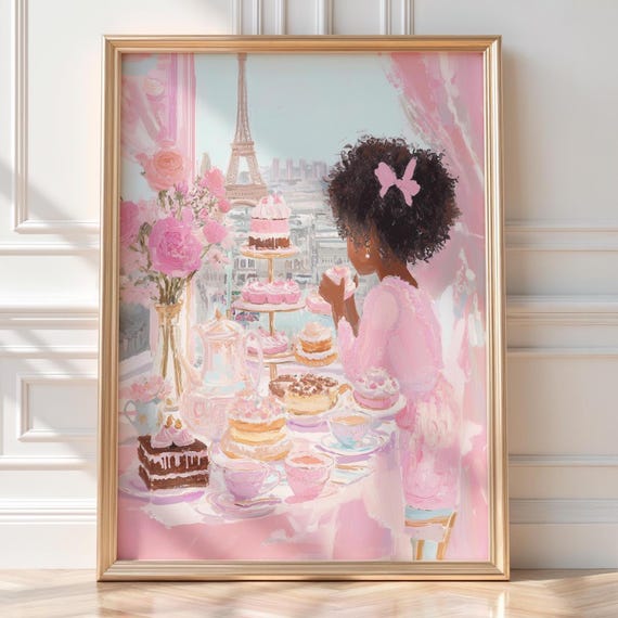 Black Girl Tea Party In Paris Wall Art Afro Pink Room Decor Coquette Dessert Table Painting Parisian Caf Print