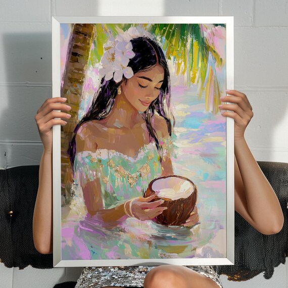 Tropical Girl With Coconut Island Paradise Beach Painting Poster