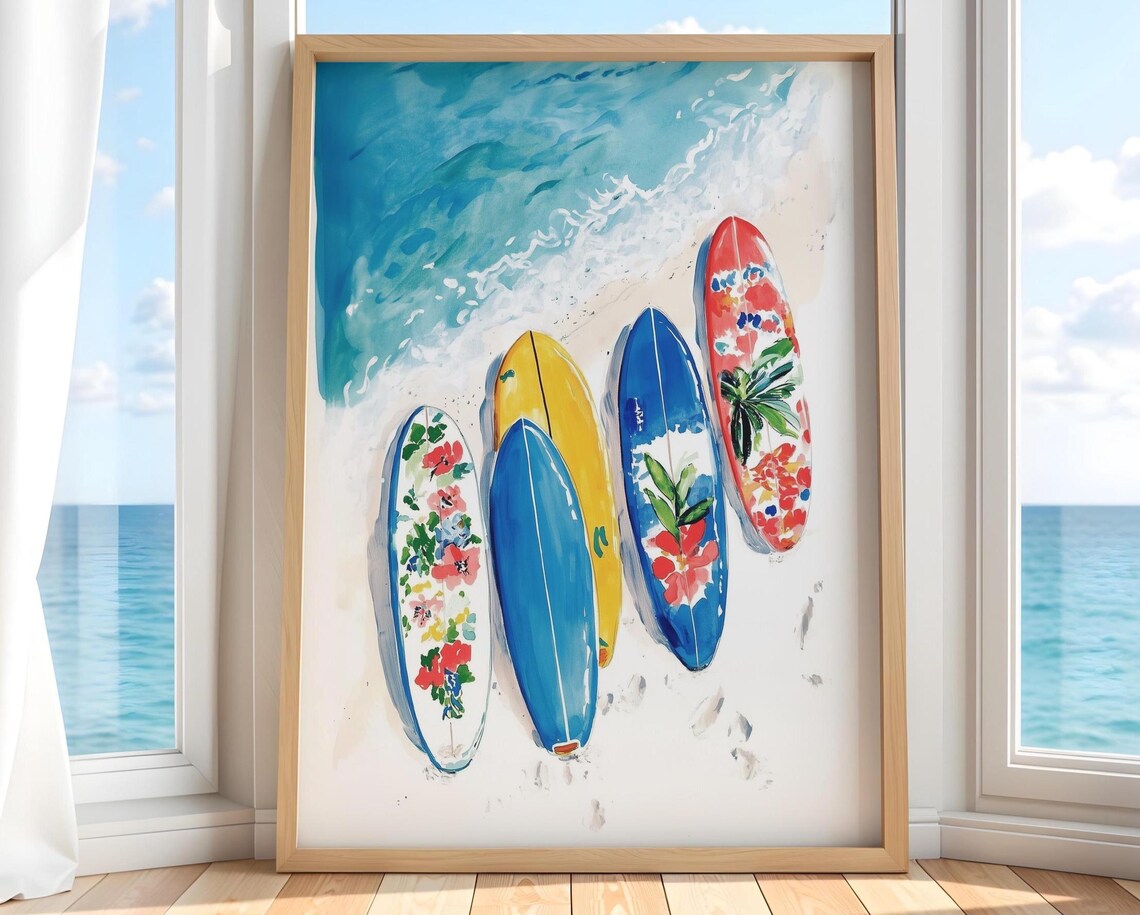 Colorful Surfboards, Tropical Summer Watercolor Poster