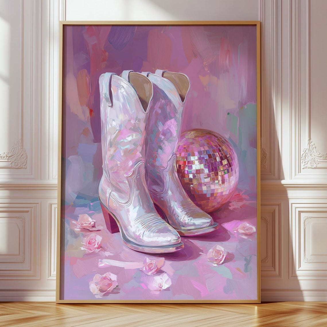 Pink Cowboy Boots Disco Ball Poster Glam Roses Western Girly Decor Art