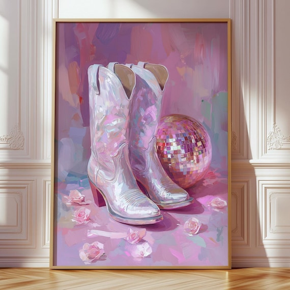 Pink Cowboy Boots Disco Ball Poster Glam Roses Western Girly Decor Art