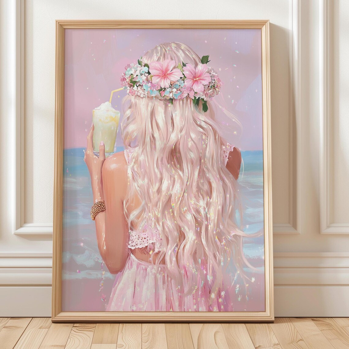 Dreamy Pastel Beach Girl Flower Crown Milkshake Summer Art Poster