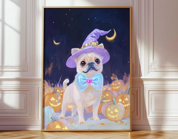 Pug Witch Halloween Wall Art Cute Dog With Pumpkins Pastel Spooky Iridescent Holographic October Autumn Printout