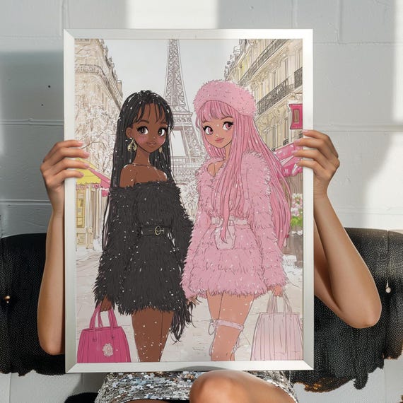 Black And Pink Girl Paris Fashion Wall Art Coquette Winter Best Friends Poster Print Girly Anime Decor