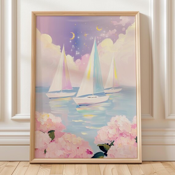 Pastel Sailboats Dreamy Ocean Print Pink Hydrangea Floral Coastal Decor Art