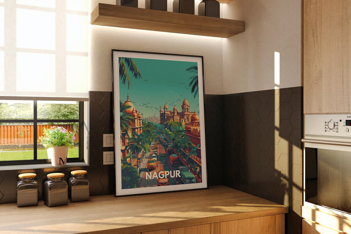 Nagpur India Palace Street Palm Trees Cityscape Vintage Travel Poster - Image 2
