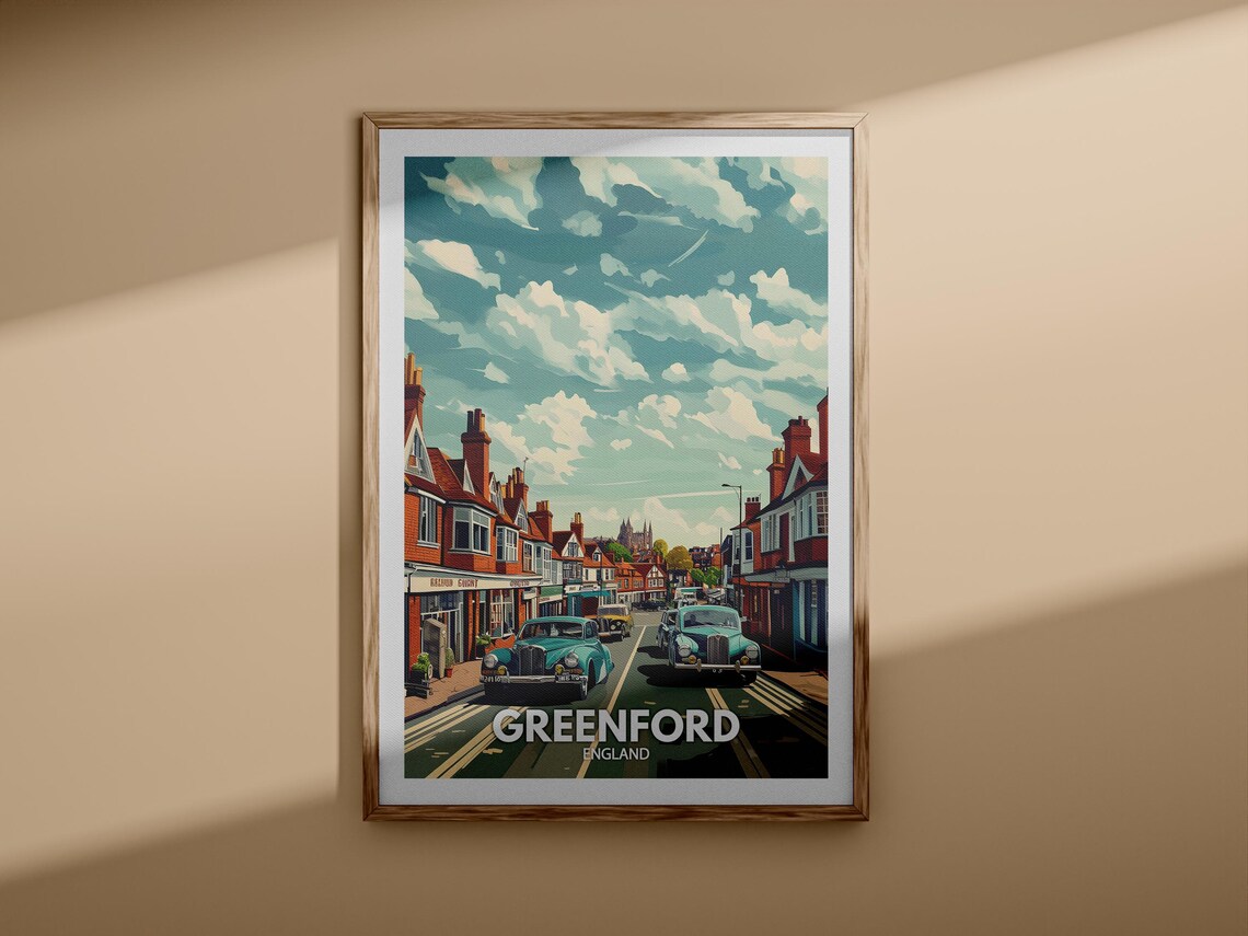 Greenford England Vintage Street Classic Cars City Travel Poster - Image 3