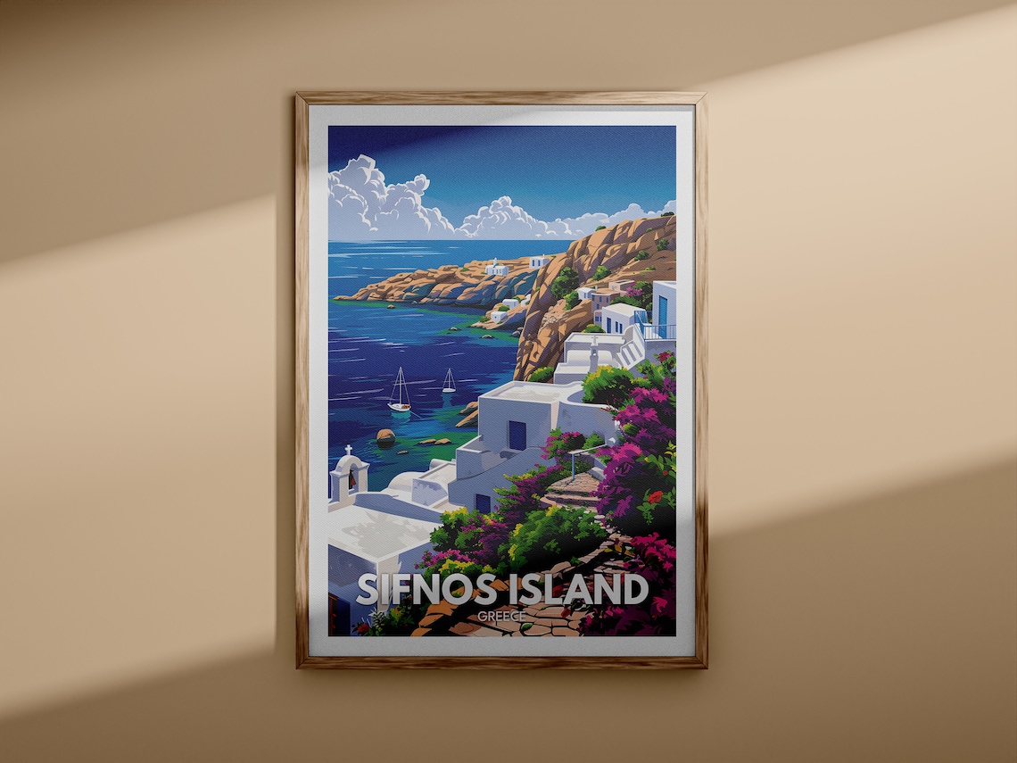 Sifnos Island Greece White Cliffside Houses with Flowers Travel Poster - Image 3