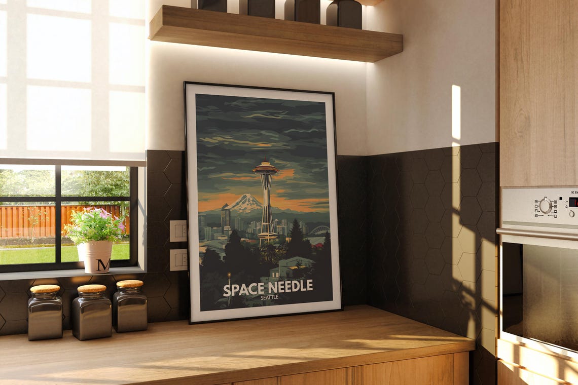 Space Needle Seattle Twilight Skyline Mount Rainier View Poster - Image 2