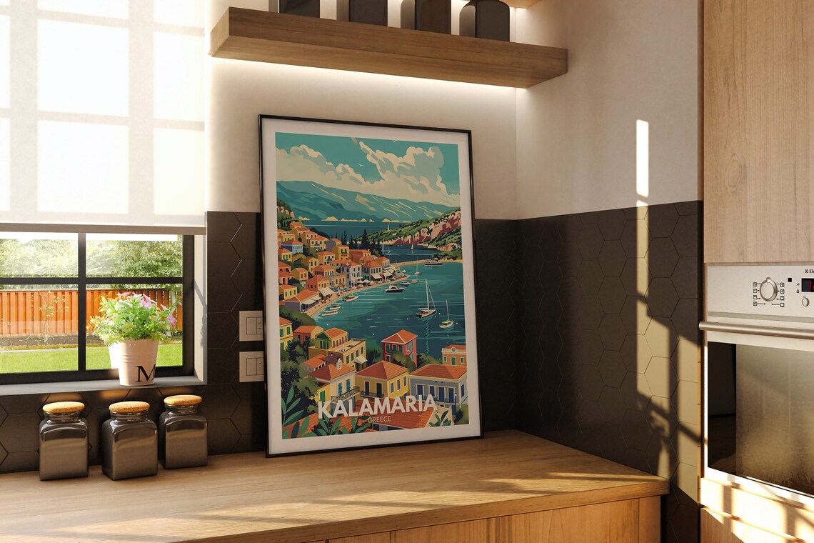 Kalamaria Greece Bay Sailboats Colorful Waterfront Art Poster - Image 2