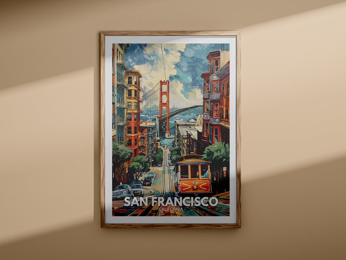 San Francisco California Golden Gate Bridge Cable Car Hill Street Travel Poster - Image 3