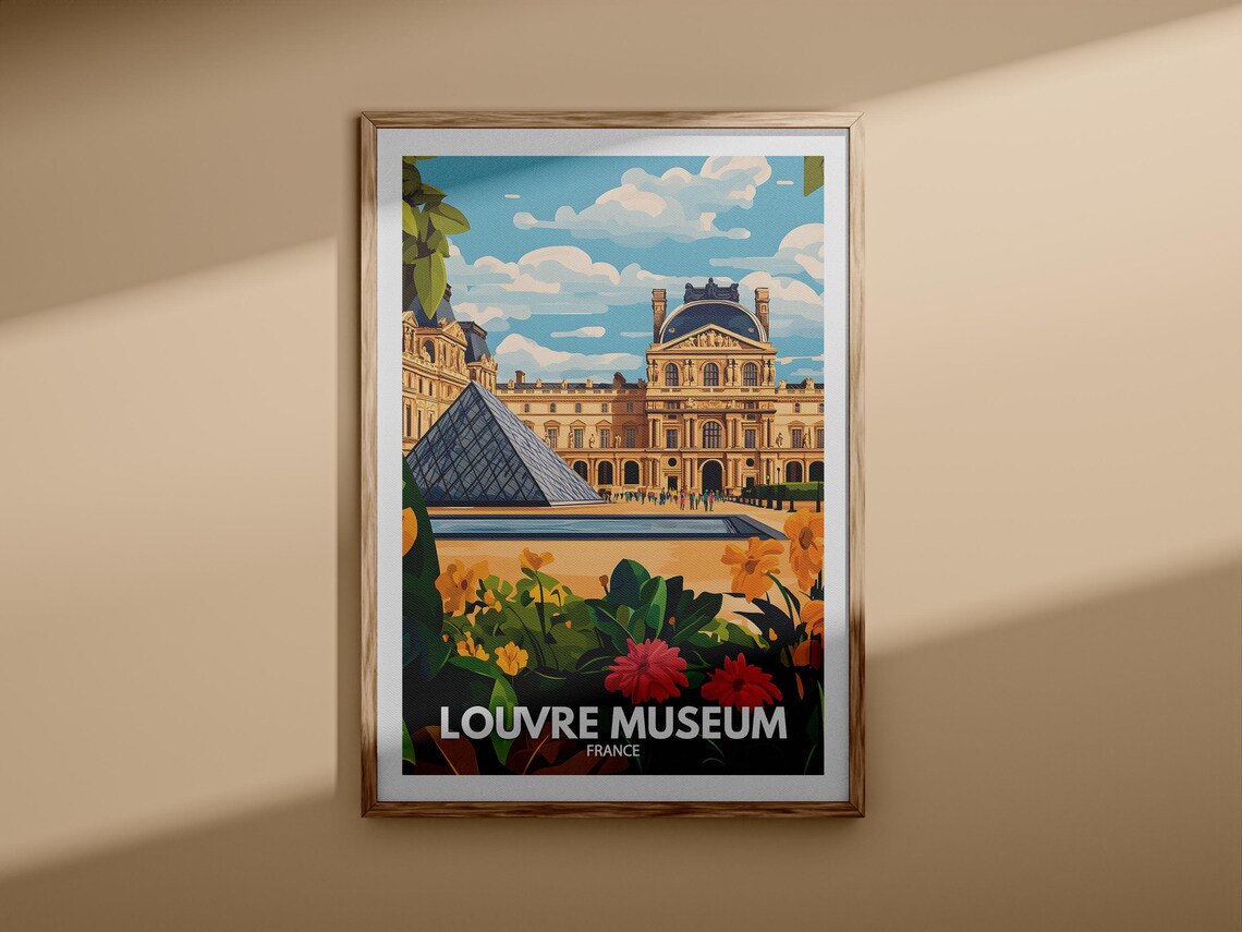 Louvre Museum Paris France Glass Pyramid Palace Travel Art Poster - Image 3