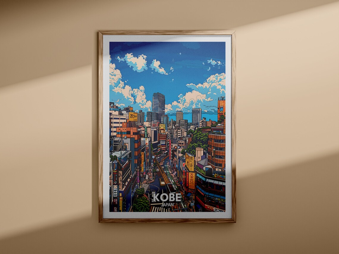 Kobe Japan Downtown Shopping Street Colorful Signs Travel Art Poster - Image 3