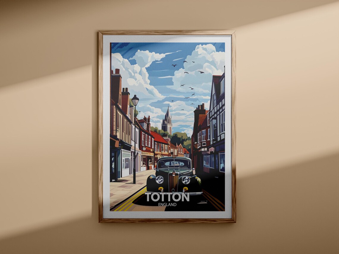 Totton England Historic Street Vintage Black Car Travel Poster - Image 3