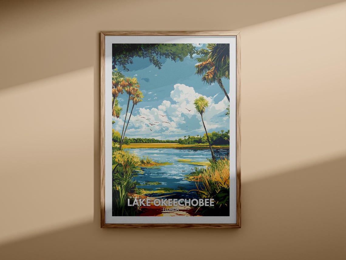 Lake Okeechobee Florida Palm Trees Wetland Retro Travel Poster - Image 3