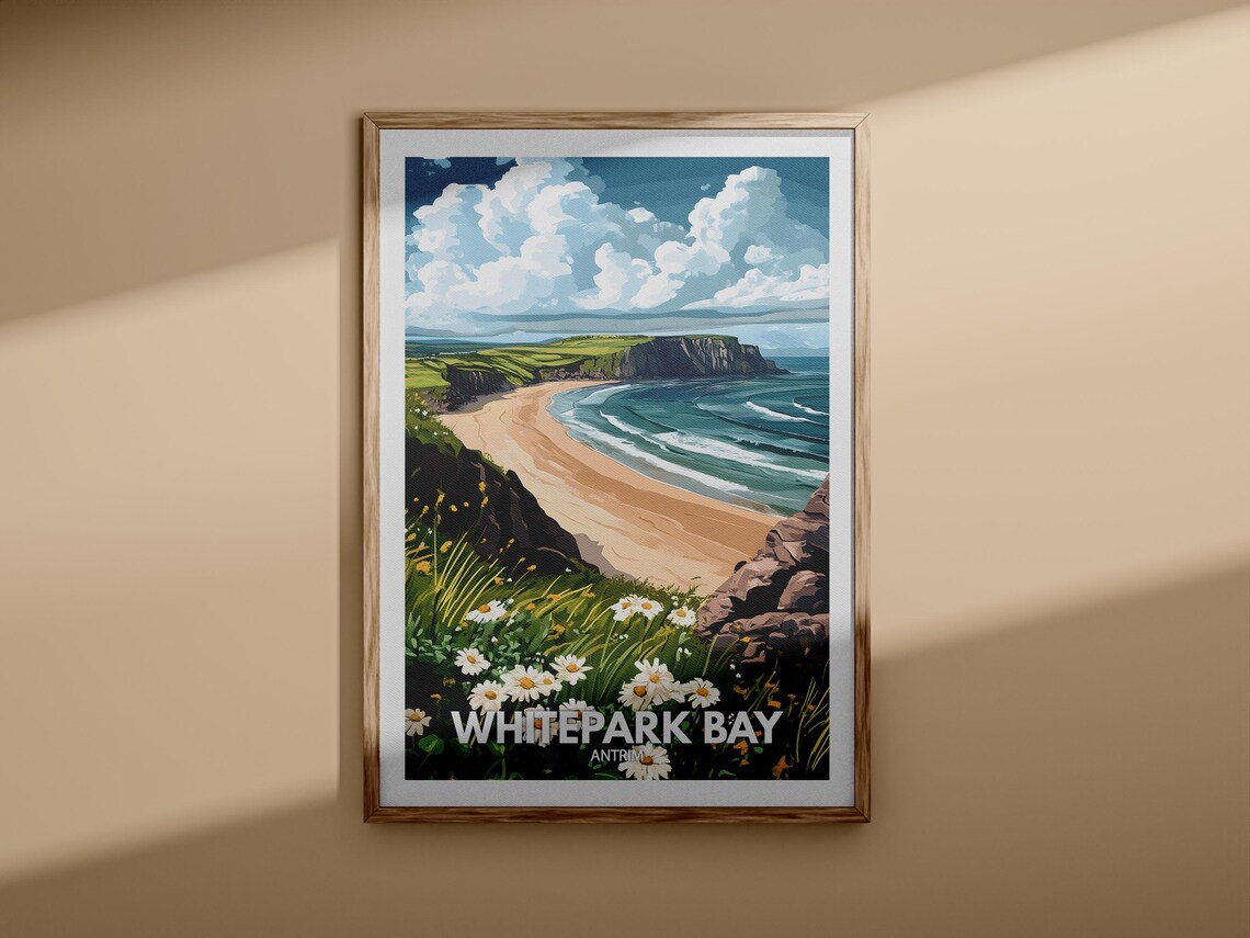 Whitepark Bay Antrim Sandy Bay Cliffs Daisies Vintage Travel Poster - Image 3