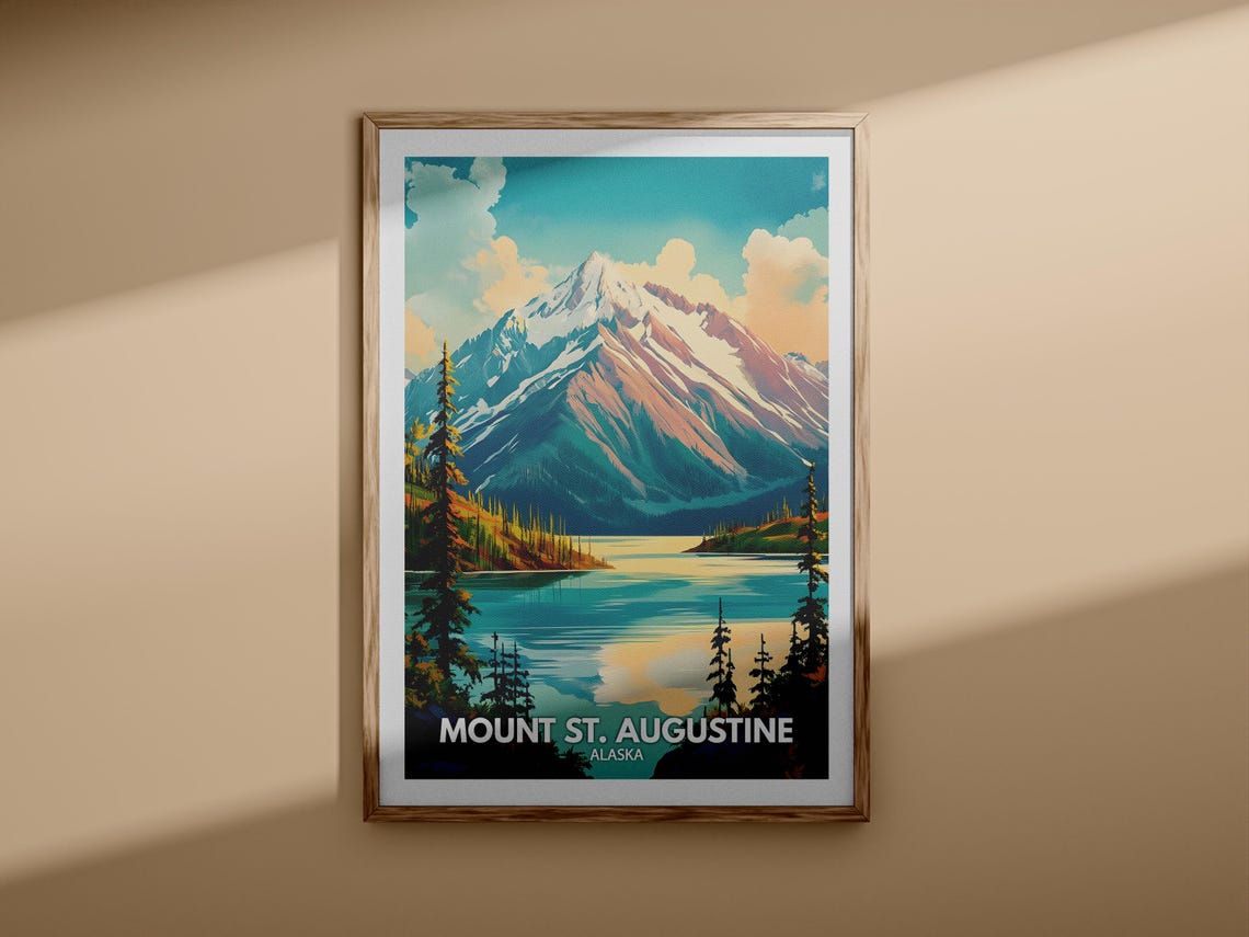 Mount St Augustine Alaska Vintage Travel Poster Snowy Peak View - Image 3