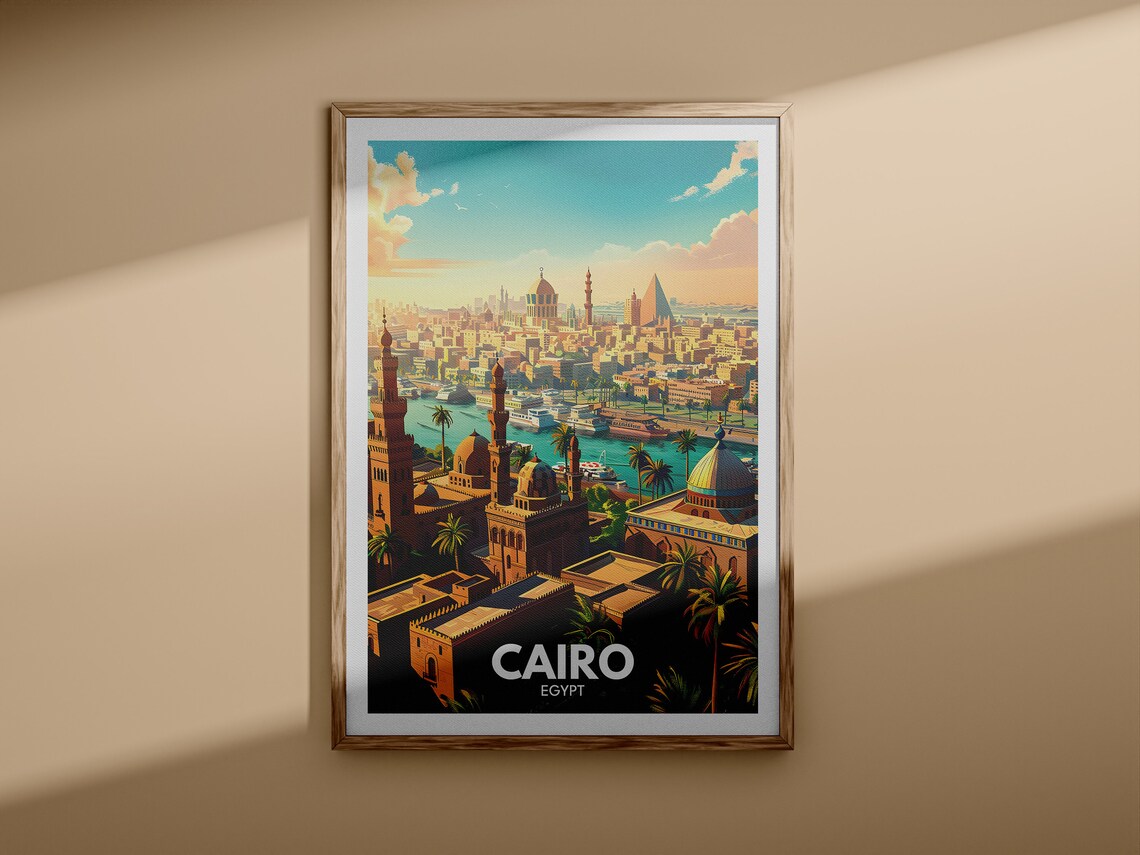 Cairo Egypt Nile Mosques Pyramids Skyline Retro Travel Poster - Image 3
