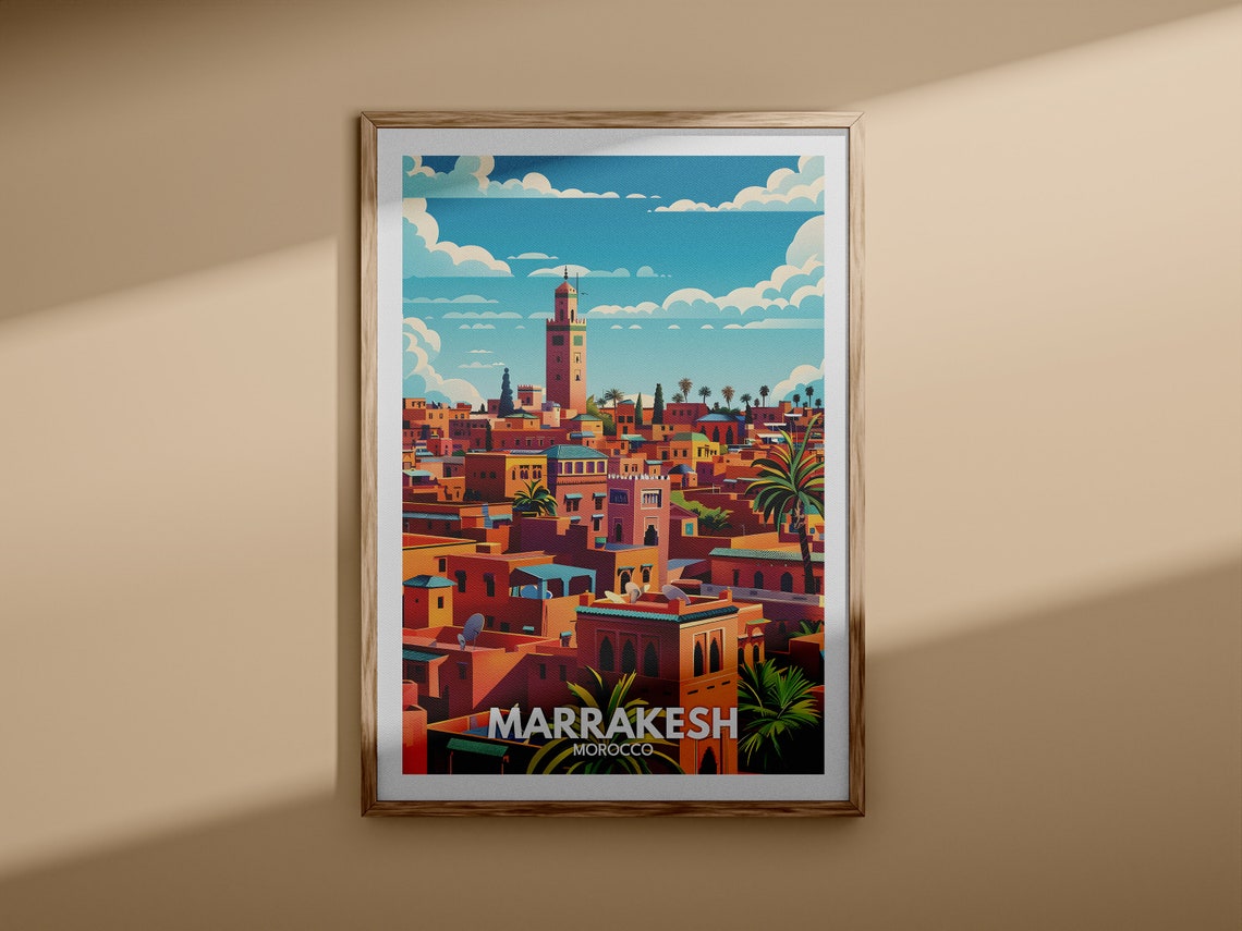Marrakesh Morocco Red City Minaret Rooftops Vintage Travel Poster - Image 3