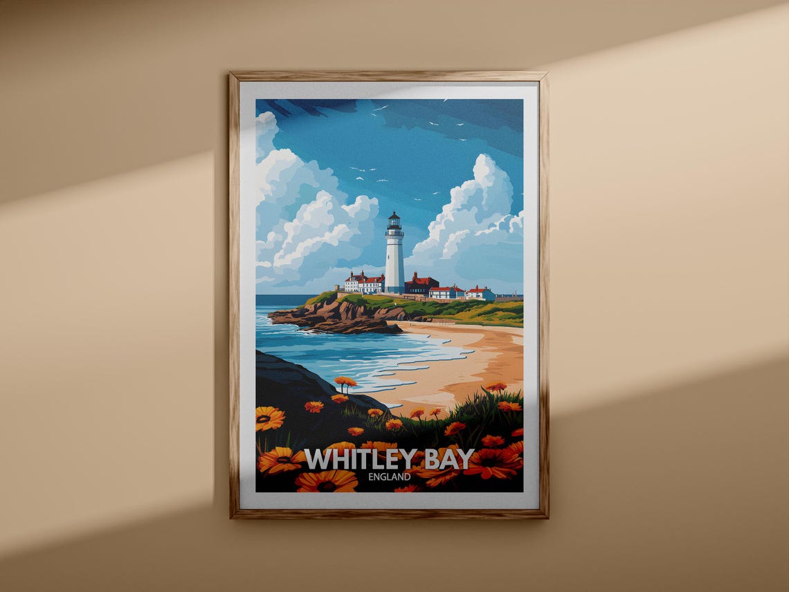 Whitley Bay England Lighthouse Rocky Coastline Travel Poster - Image 3