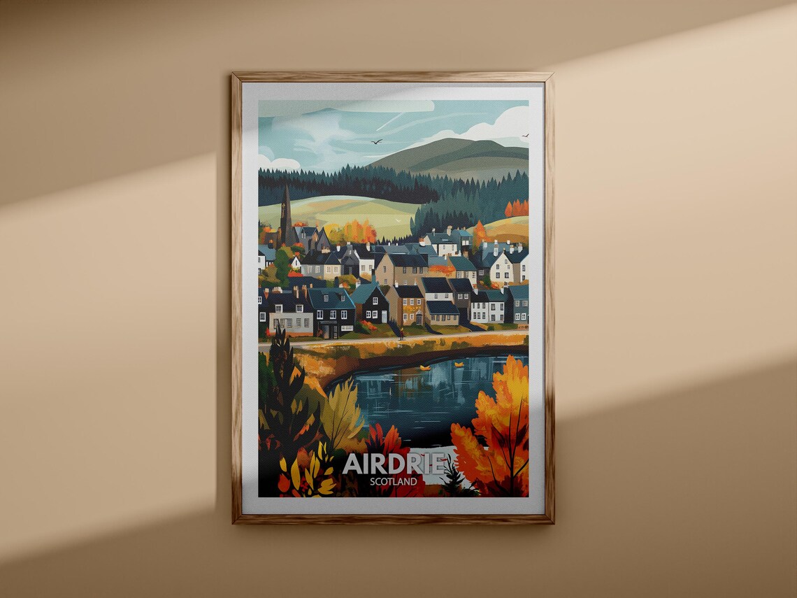 Airdrie Scotland Autumn Village Pond Hills Scenic Vintage Travel Poster - Image 3