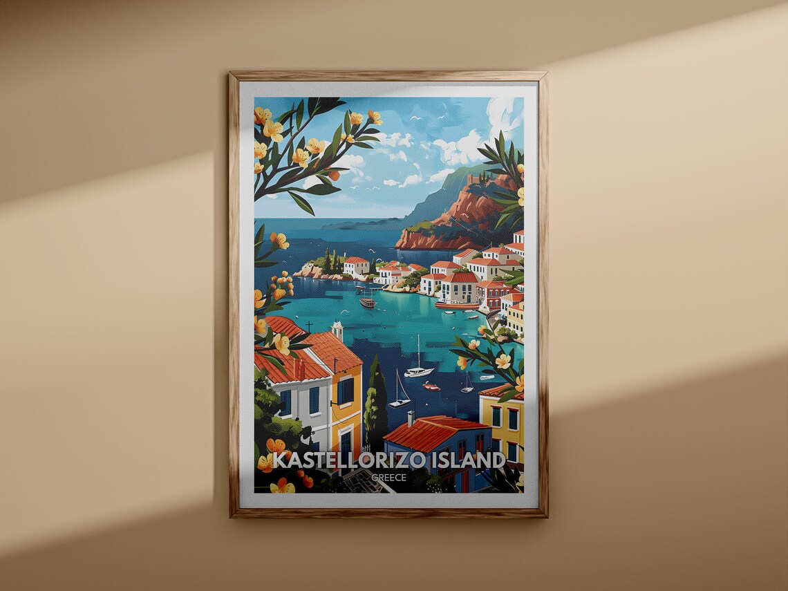 Kastellorizo Island Greece Harbor Boats Floral Vintage Travel Poster - Image 3