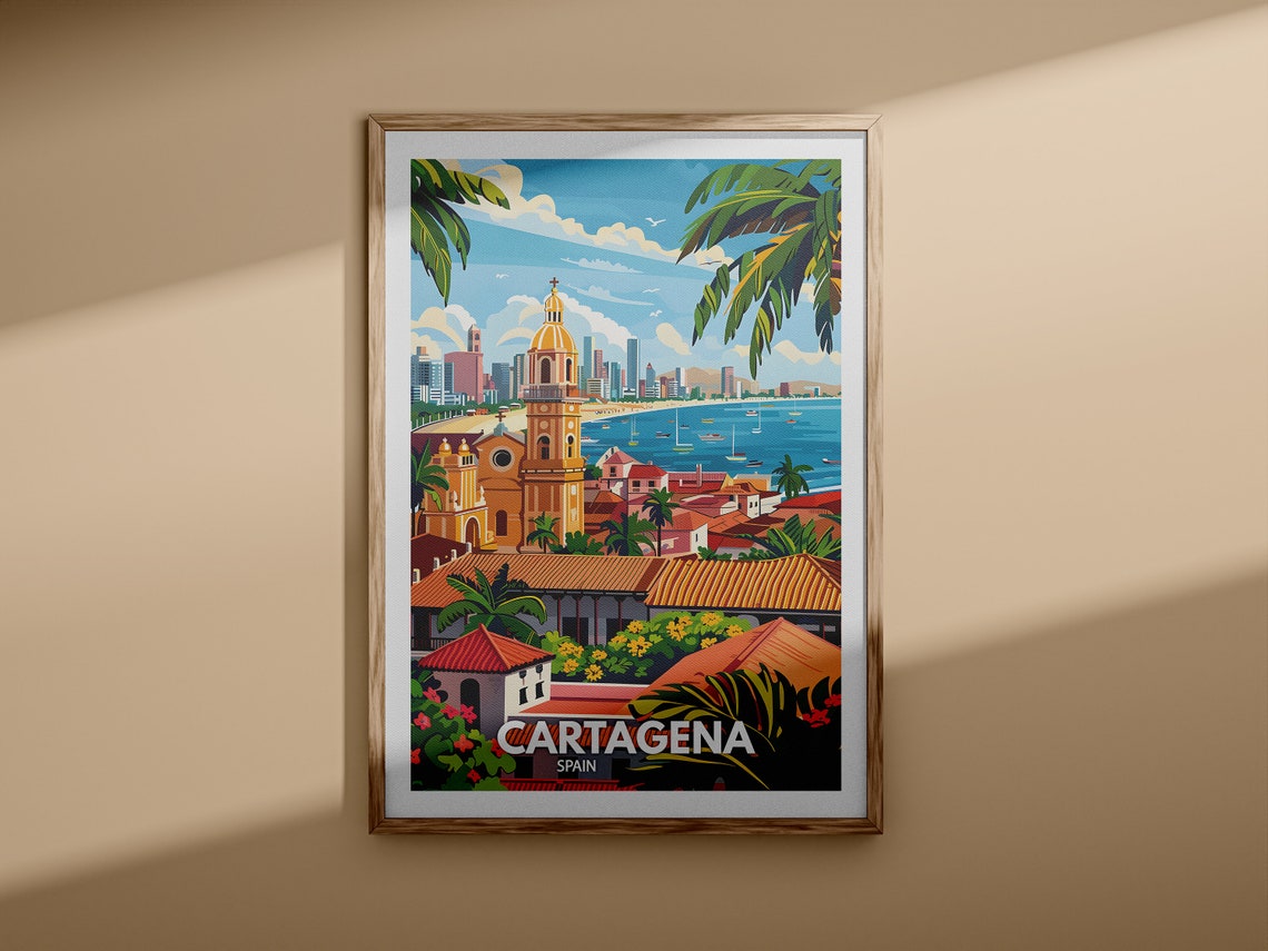 Cartagena Spain Colonial Church Bay Palm Trees Retro Travel Poster - Image 3