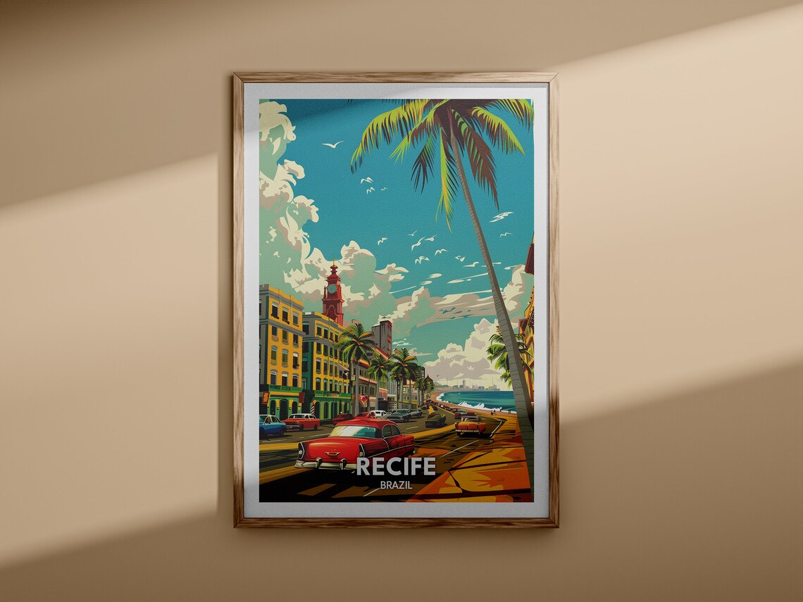 Recife Brazil Vintage Cars Colonial Street Beach View Poster - Image 3