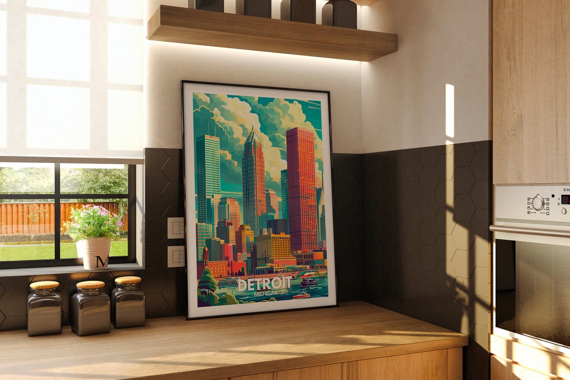 Detroit Michigan Downtown Skyline Riverfront Sunset Travel Poster - Image 2
