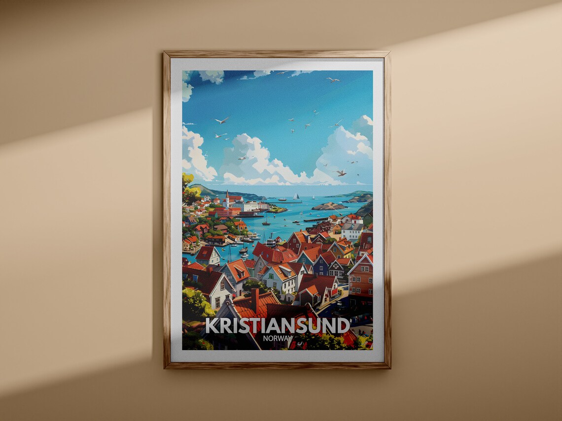 Kristiansund Norway Travel Poster Harbor Town Red Roof Houses Fjord Boats - Image 3