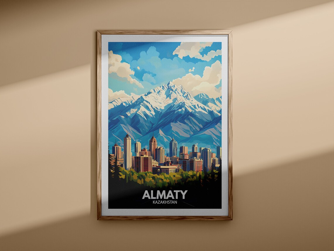 Almaty Kazakhstan Snowy Mountain Skyline City Vintage Travel Poster - Image 3